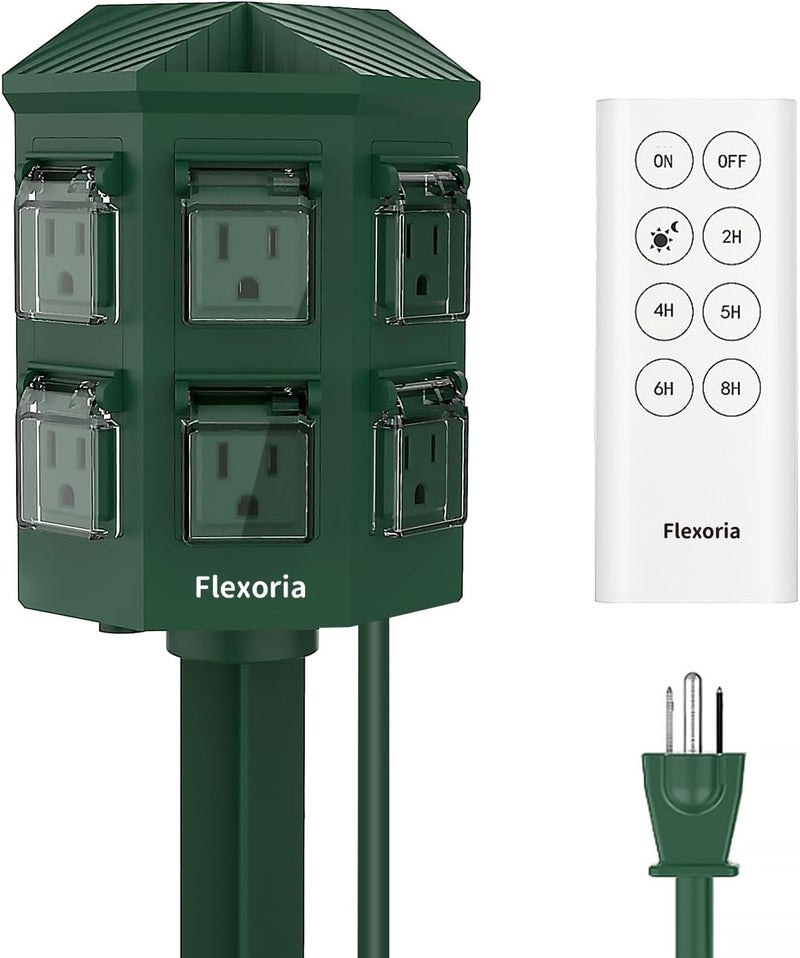 Flexoria Outdoor Power Stake Timer, Remote Control Dusk to Dawn Light Timer, 6FT Extension Cord Waterproof, 6 Grounded Outlets for Outdoor Christmas Decorations, ETL Listed (6 FT) - Image 1